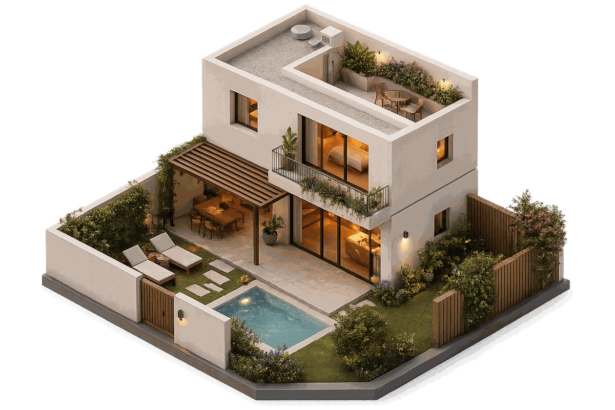 A typical RedRock plot in Seyrantepe and Yeşiltepe — isometric render of a modern minimalist Aegean villa
