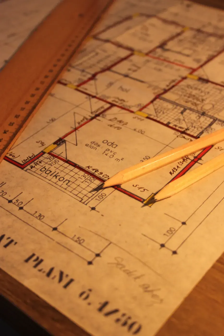 Pencils and a ruler on a Turkish architectural floor plan — close-up