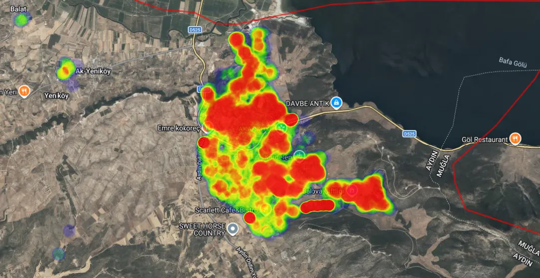 TKGM 2025 alım-satım yoğunluğu ısı haritası — kırmızı yoğunluk Seyrantepe, Yeşiltepe, Kardelen ve Balova üzerinde