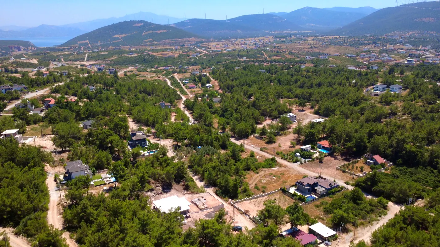 Aerial panorama from Seyrantepe toward the mountains and Lake Bafa