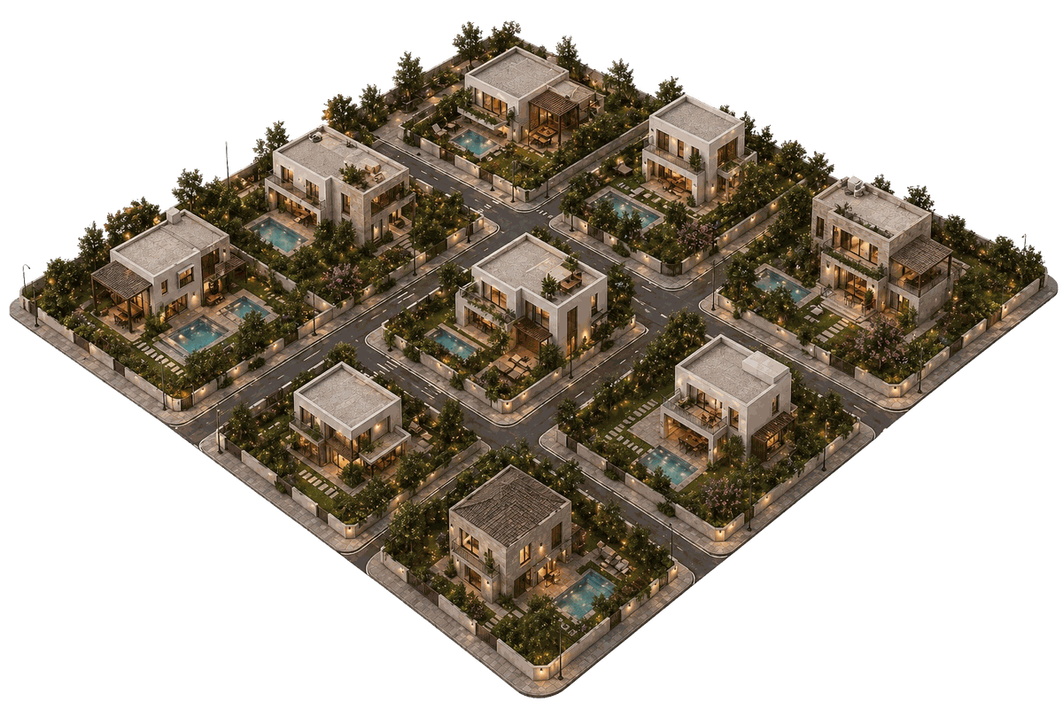 Isometric view of Seyrantepe neighbourhood — Didim's residential building plots area